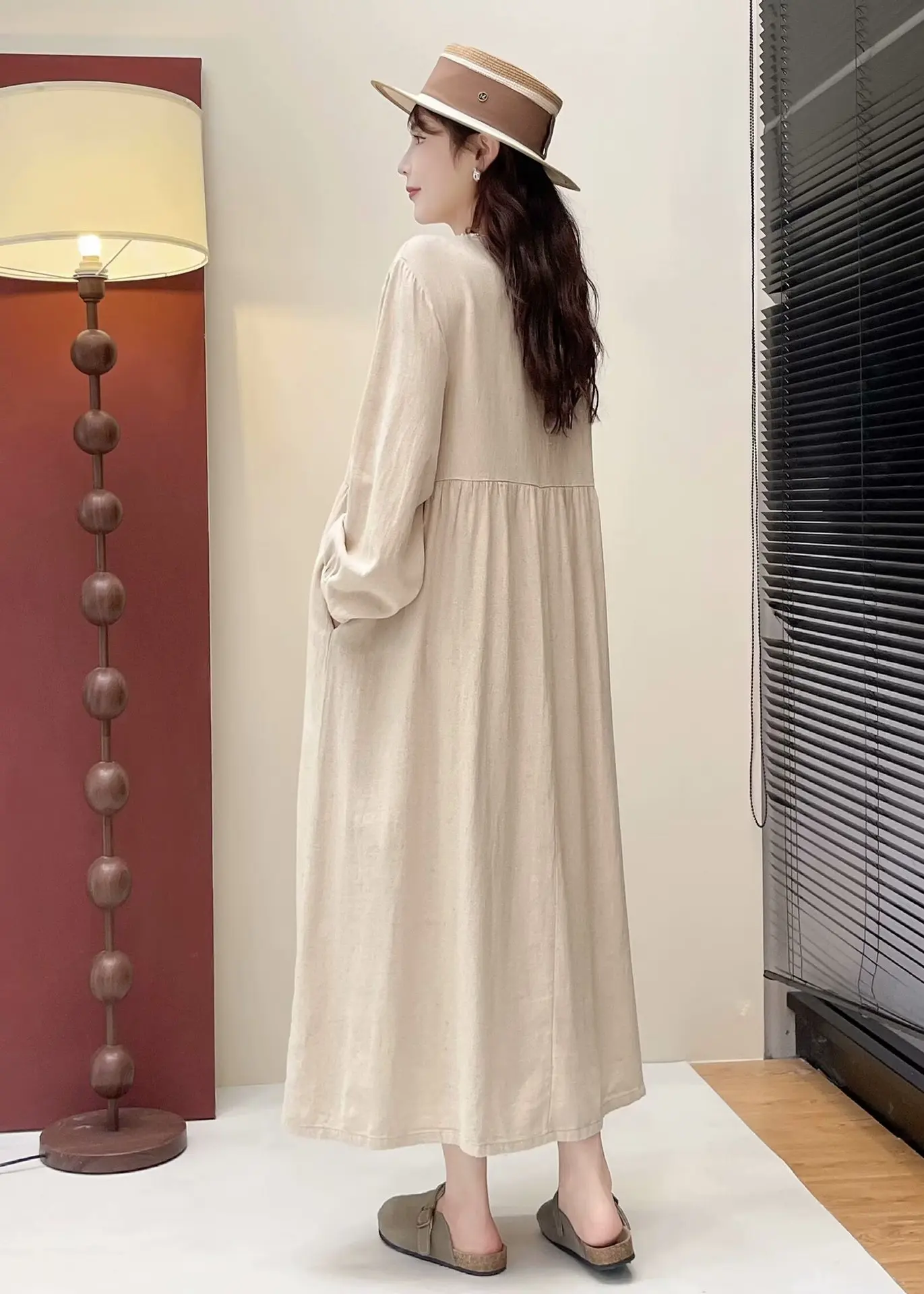 New Summer Cotton Linen Long Sleeve Dresses, Woman O Neck Embroidery, Mori Girl Sweet Loose Vintage Dress, 2024 Fall D476133QC