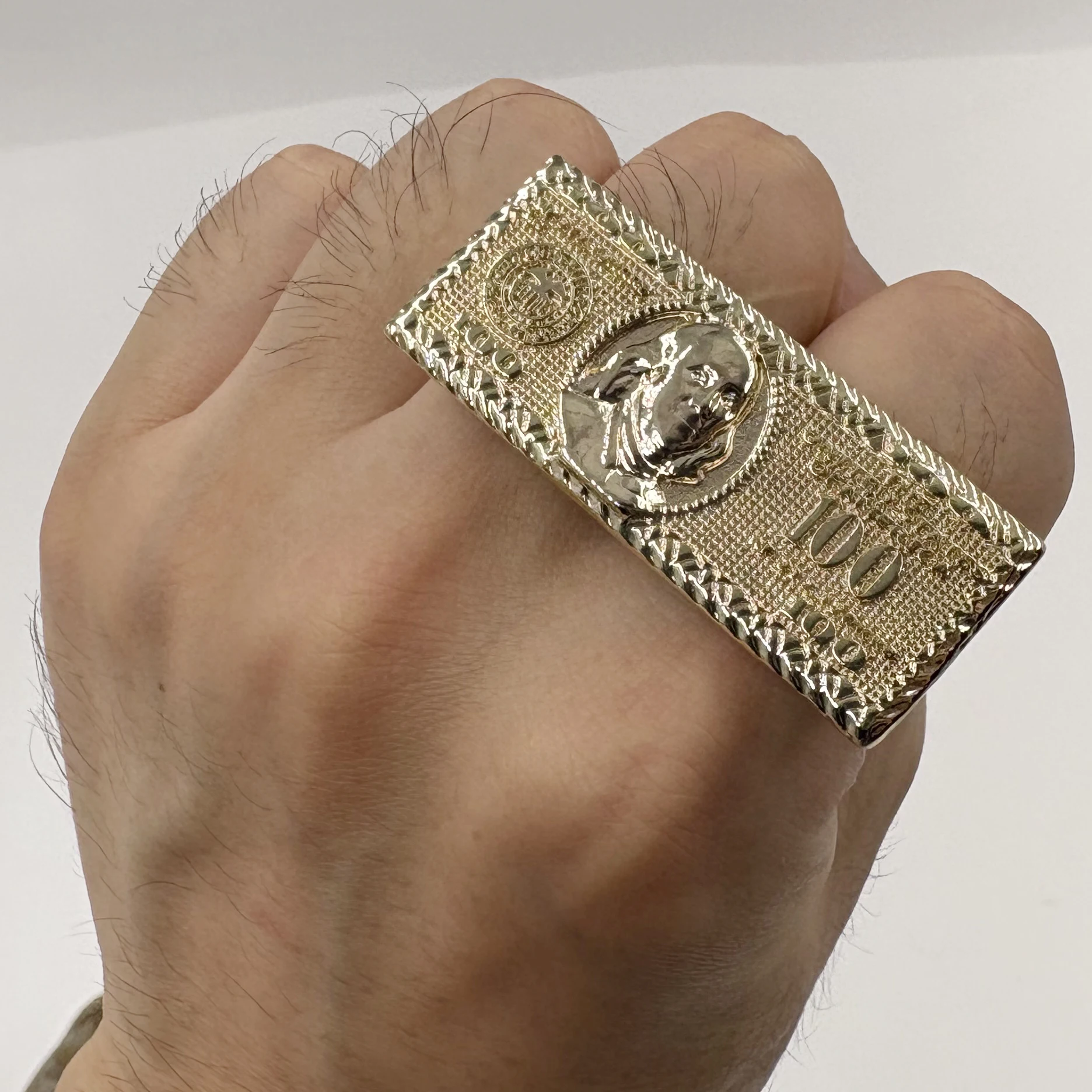 100 Dollar Bill Design 2 Finger Ring Heavy Rough Hip Hop Style 14K Gold Plated Big Size Men's Party Gift US Dollar Theme view 5