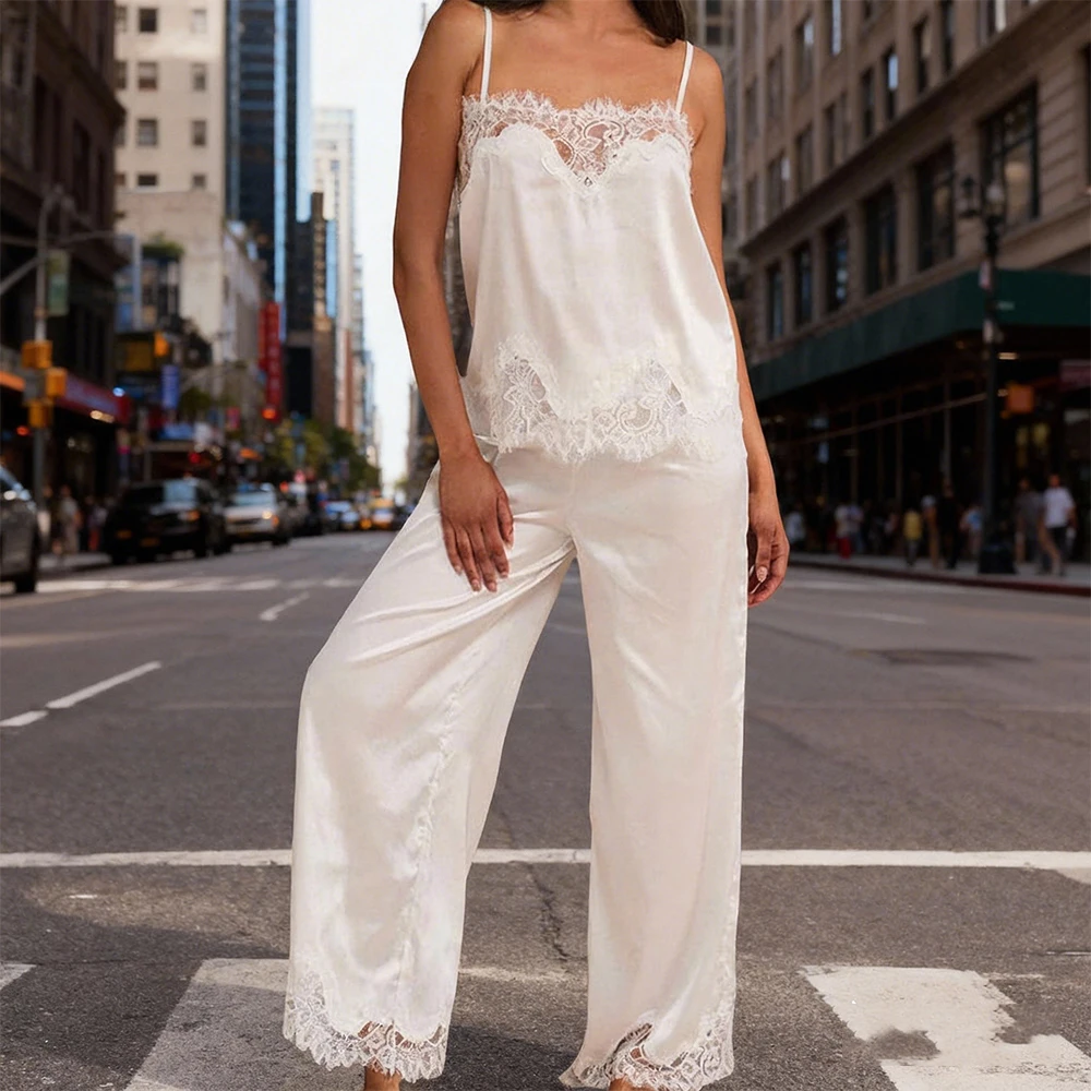

Женские летние элегантные комплекты одежды с кружевной отделкой, топы на бретельках с оборками, широкие брюки, комплекты из шелкового атласа, одежда для дома из 2 предметов