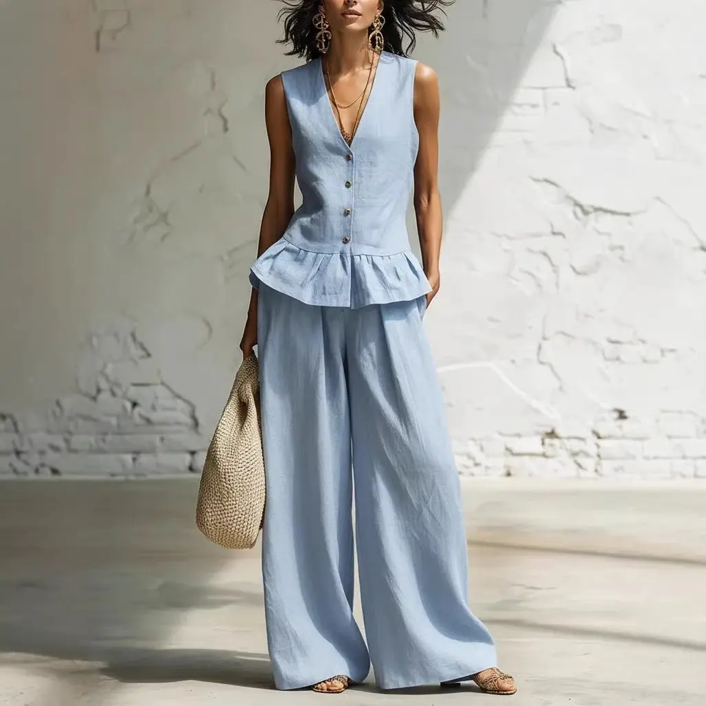 

Women Light Blue Linen Two Piece Set Sleeveless V Neck Button Peplum Top High Waist Wide Leg Pants Casual Resort Matching Outfit