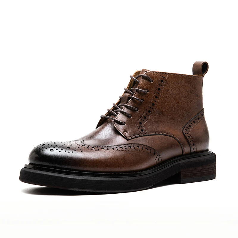 נעלי עור איכותיות שחורות לגברים בסגנון וינטאג' עם עקב גבוה, עמידות למים ומתאימות לשימוש חיצוני