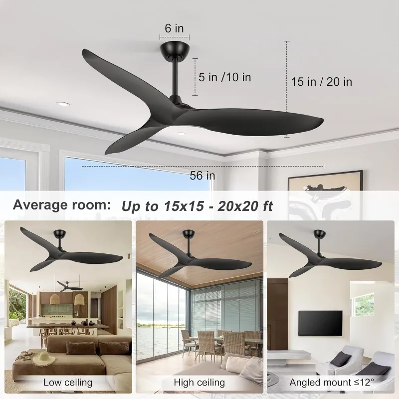 Ventilatori da soffitto da 56 pollici senza telecomando leggero, motore CC reversibile silenzioso, 3 pale, 6 velocità del vento, timer, soffitto per interni/esterni
