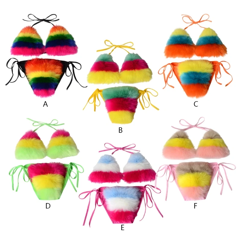 

Women Sexy 2pcs Set Faux Fur Rainbow Striped Halter Tie Swimsuit Clubwear