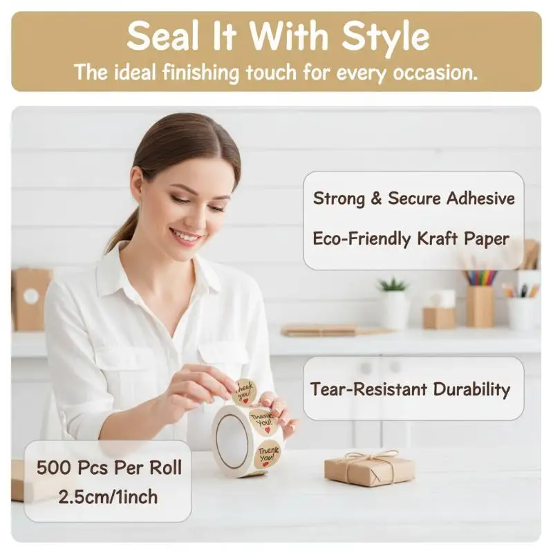Kraft Paper Thank You Stickers With Assorted Designs: 500PCS/Roll Strong Adhesive Business Packaging Gift