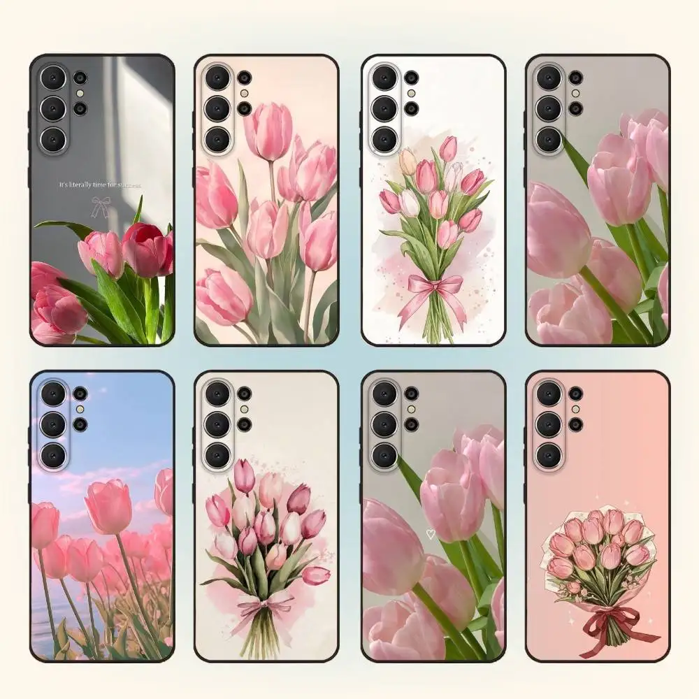

Pink Tulip Flower Pattern Phone Case For Samsung S25,24,23,22,30,21,10,9,Ultra,Plus,Lite,FE Soft Black Case