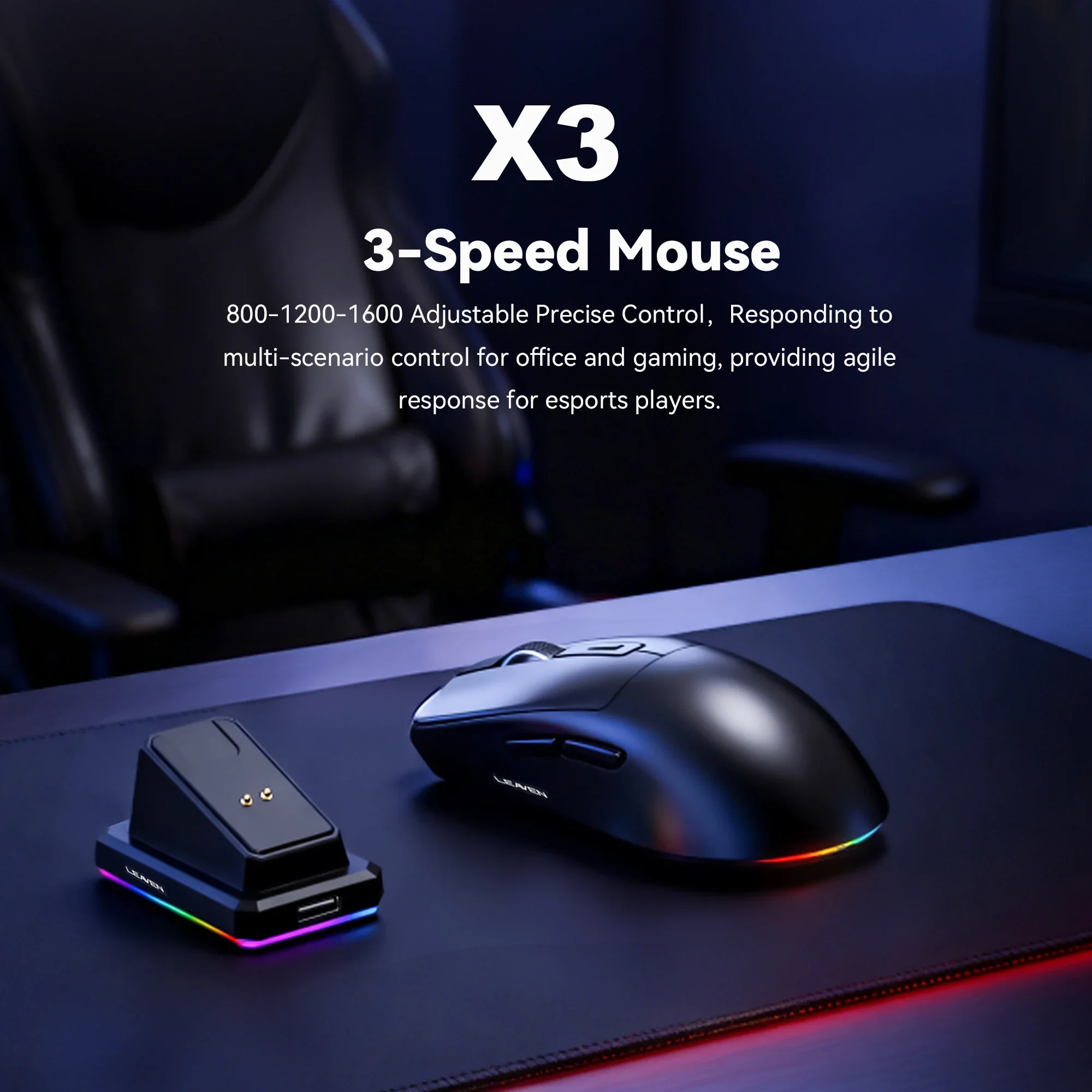 Ratón inalámbrico de modo dual |   Base de carga magnética |   Retroiluminado RGB |   DPI de 3 velocidades (800-1200-1600) |   2.4G/BT |   Adecuado para uso diario.