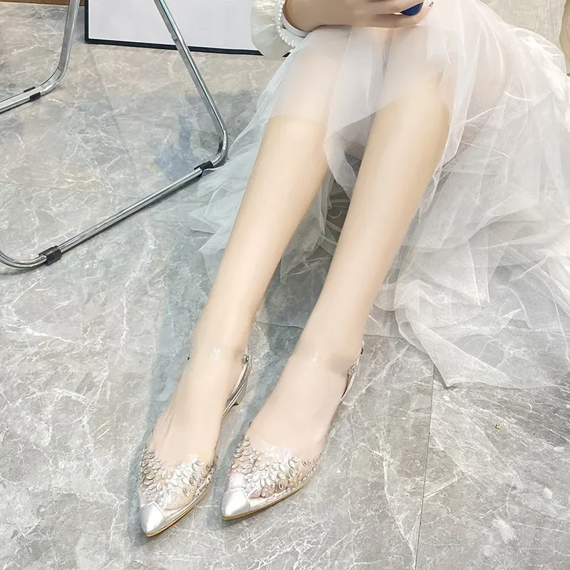 New Summer Women Rhinestone Transparent Sandals Baotou Low Heel Flat Pointed Toe Crystal Women Shoes Dress Pumps Shoes