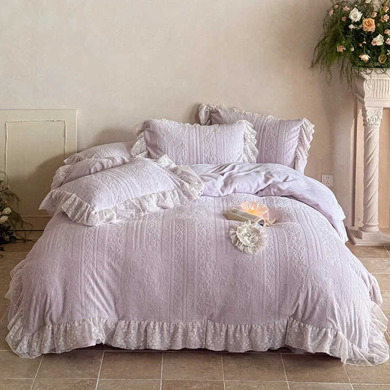 4Pcs French Princess Style Carved Velvet Warm Winter Thickened Bedding Set Ruffles Duvet Cover Flat/Fitted Bed Sheet Pillowcases