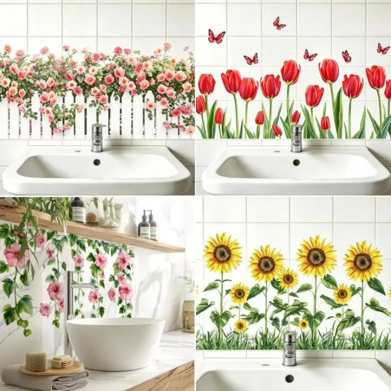 Waterproof Self-Adhesive Floral Wall Sticker Removable Fresh Pattern Decal for Bathroom Sink Area Home Wall Decor