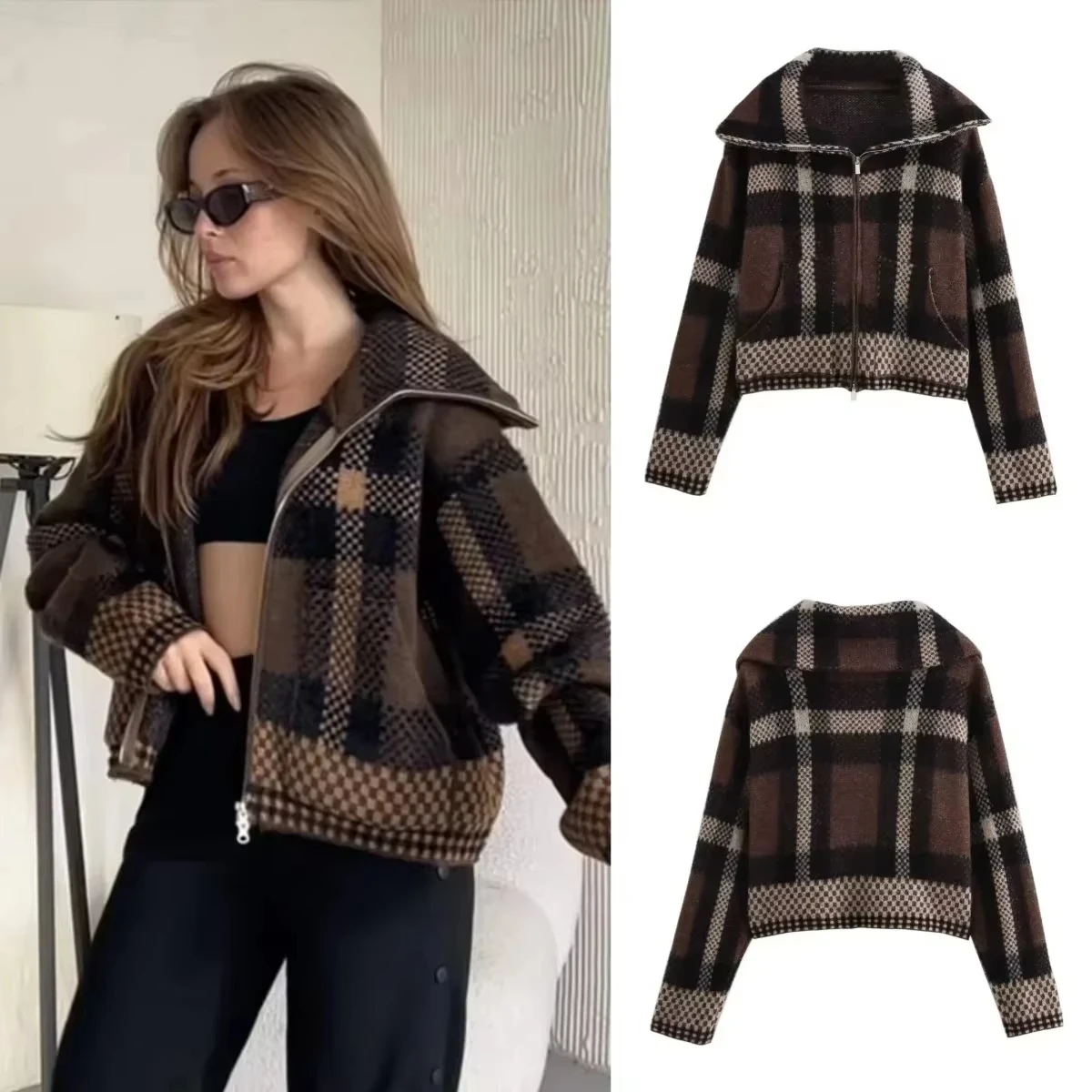 

Vintage Plaid Woman Jacket Single Breasted Office Lapel Pocket Casual Thicken Coat Ladies Spring High Street Warm Outwear