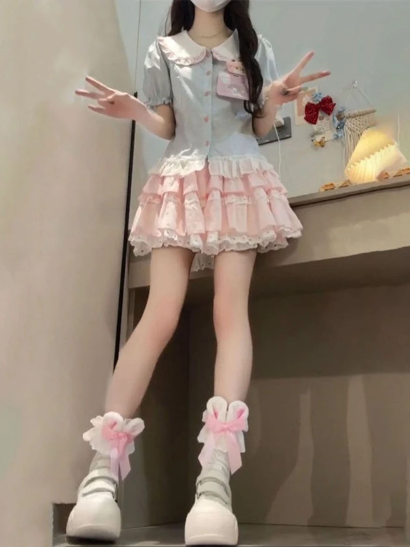 

Blue Doll Collar Shirt And Pink Puffy Skirt Two-Piece Set Women's Fashion Summer Outfit Bubble Sleeve High Waist Pure Color