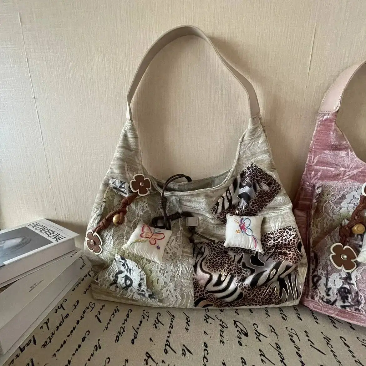 Bloom Haruku Pink Large Capacity Tote Bag Purse Women Retro Chinese Style Lace Shoulder Bags Ladies Vintage Y2k Handbag 2025