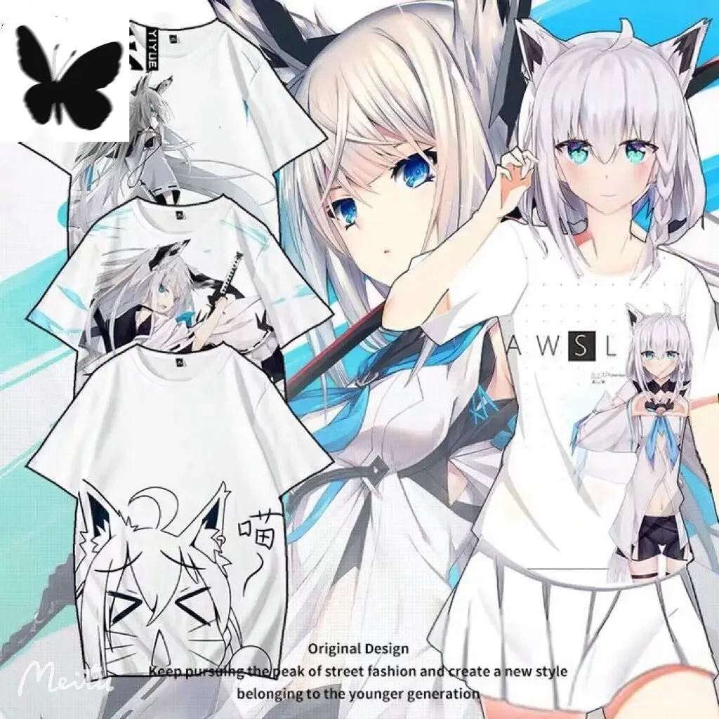 

Nova vtuber shirakami fubuki 3d impressão camiseta verão moda em torno do pescoço manga curta popular streetwear plus size 2024