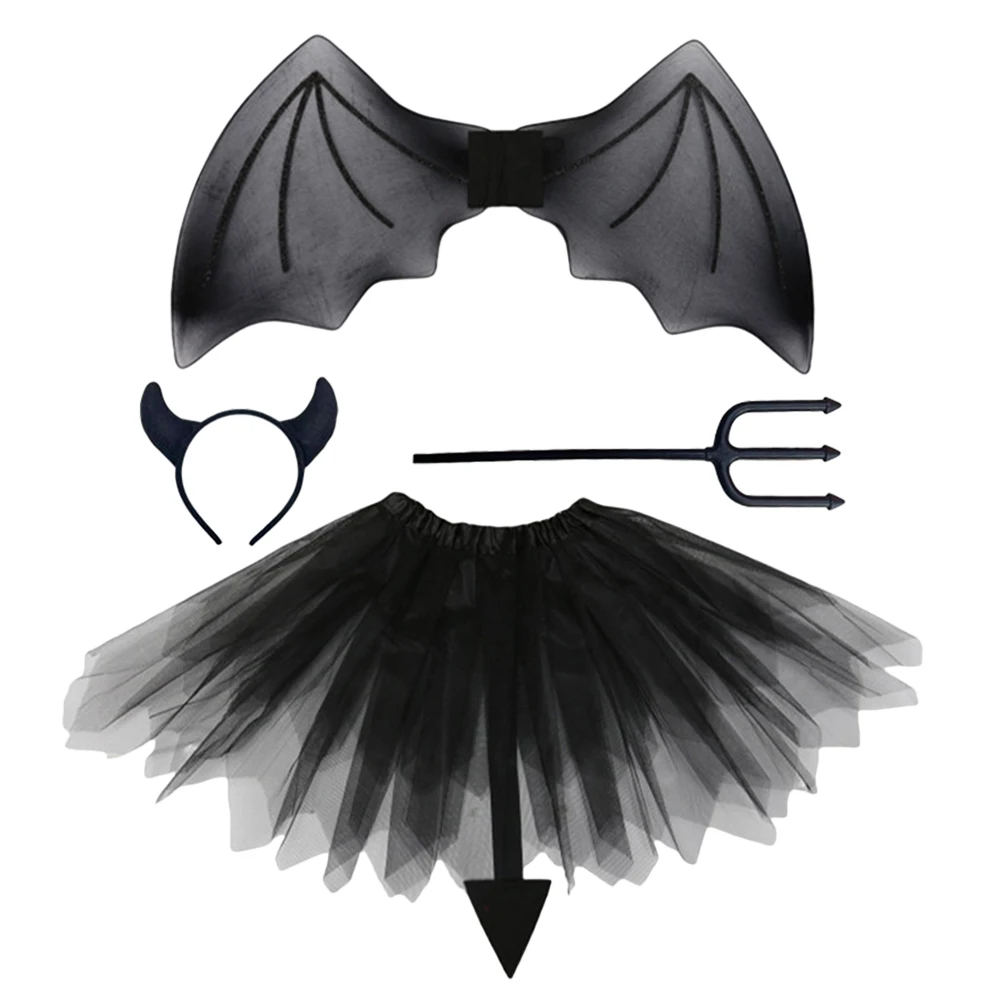 

1 set Demon Wings Set Black Mesh Costume Accessories for Halloween Kids Party Cosplay Skirt Headband Decoration Woman
