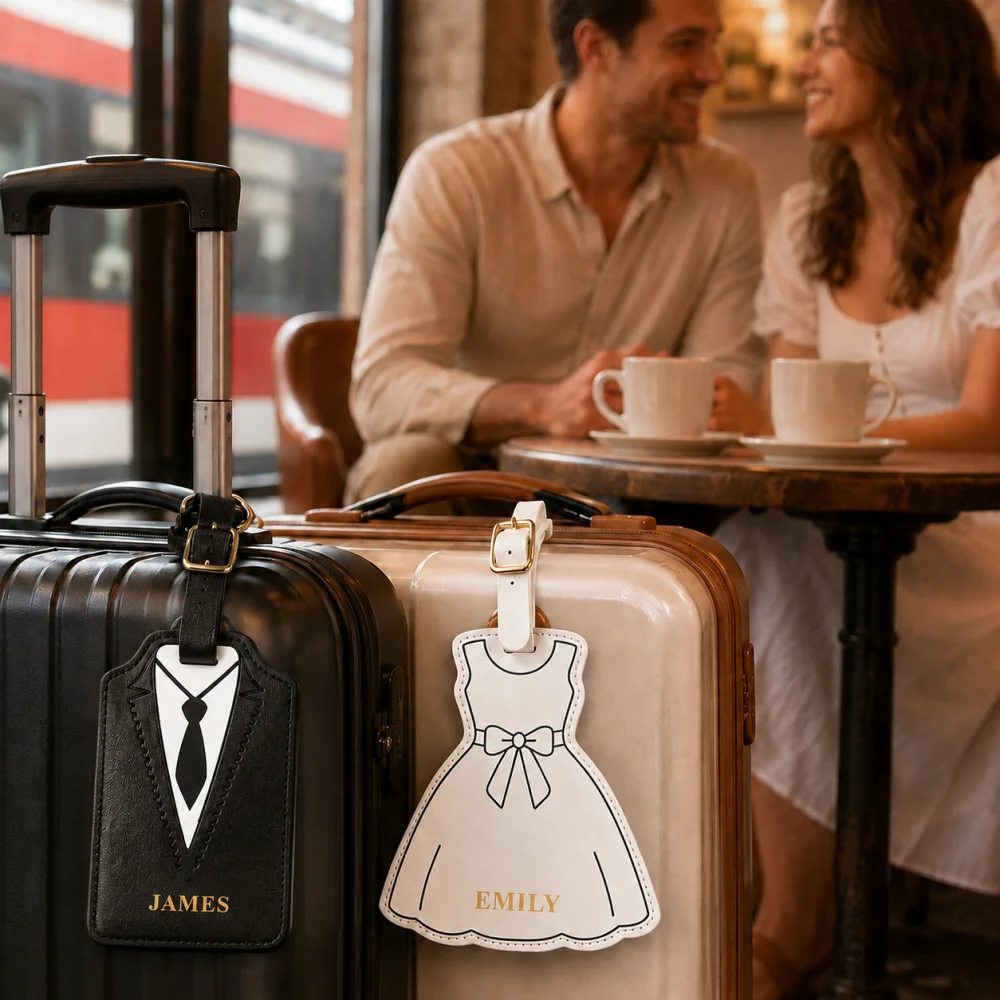 Customizable Laser Engraved Couple Travel Luggage Tags,PU Leather Bride Groom Suit‑Dress Baggage Tag Wedding Honeymoon Souvenir