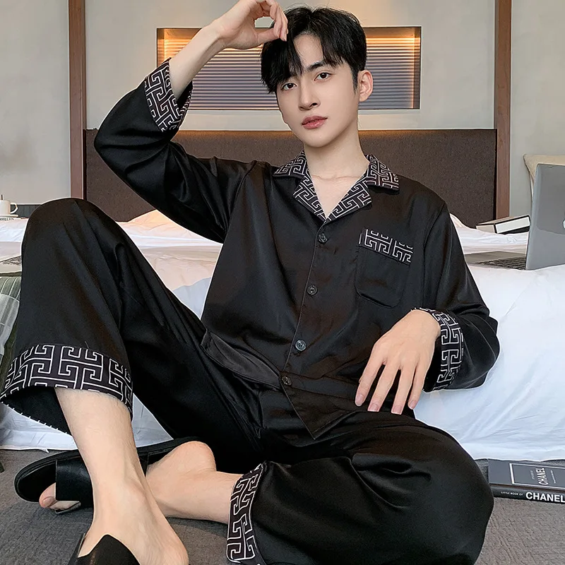 New Advanced Ice Silk Pajamas Men's Spring and Autumn Long Sleeve Thin Silk High-Grade Cardigan Home Service Suit