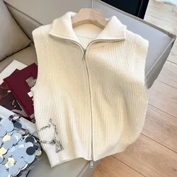 Retro Ladies Short Knit Vest Jacket Female Stand Collar   Waistcoat Coat Spring Autumn Women Zipper Sweater Sleeveless Tops