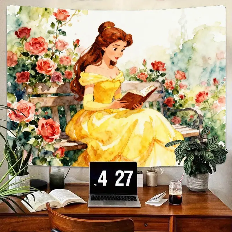 

1 шт., желтое платье принцессы Диснея Белль, гобелен для чтения, полиэстер, акварель, роза, сад, настенное искусство, декор для гостиной, спальни, подарок