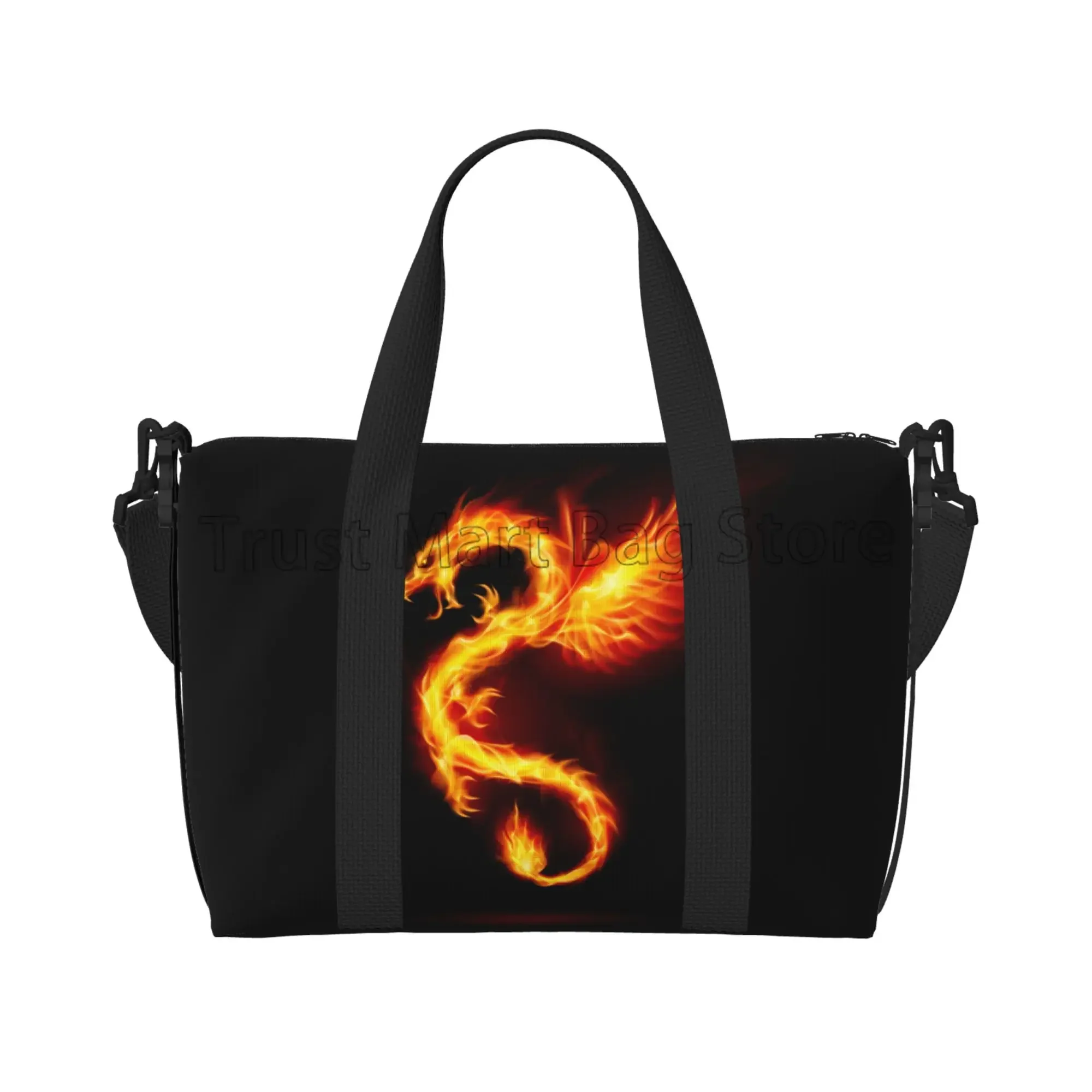 Dragon with Fire Print Travel Bag Unisex Sports Gym Travel Duffel Bag Waterproof Weekender Overnight Bags with Adjustable Strap