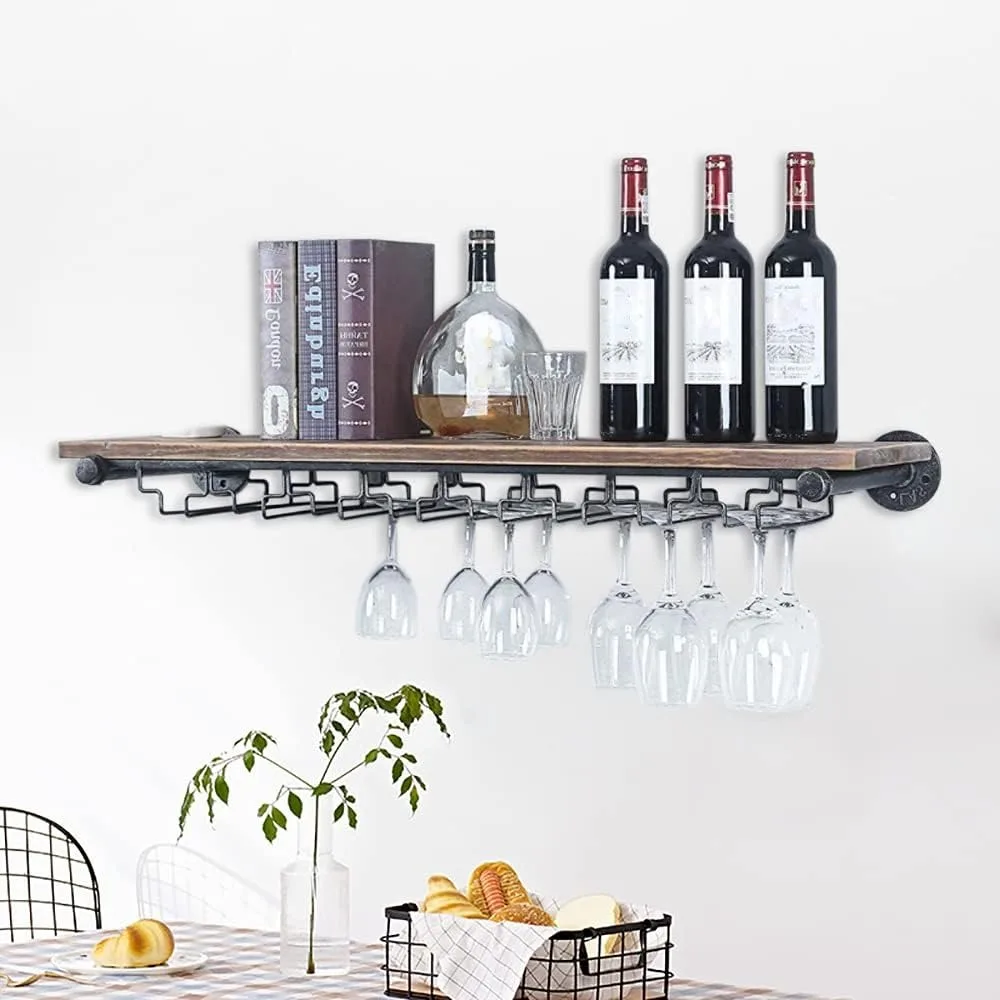 Industrial Pipe Shelf Wine Rack with Stem Glass Holder Rustic Wall Mounted Bar Shelves Bottle Holder Floating Wood Storage Shelf