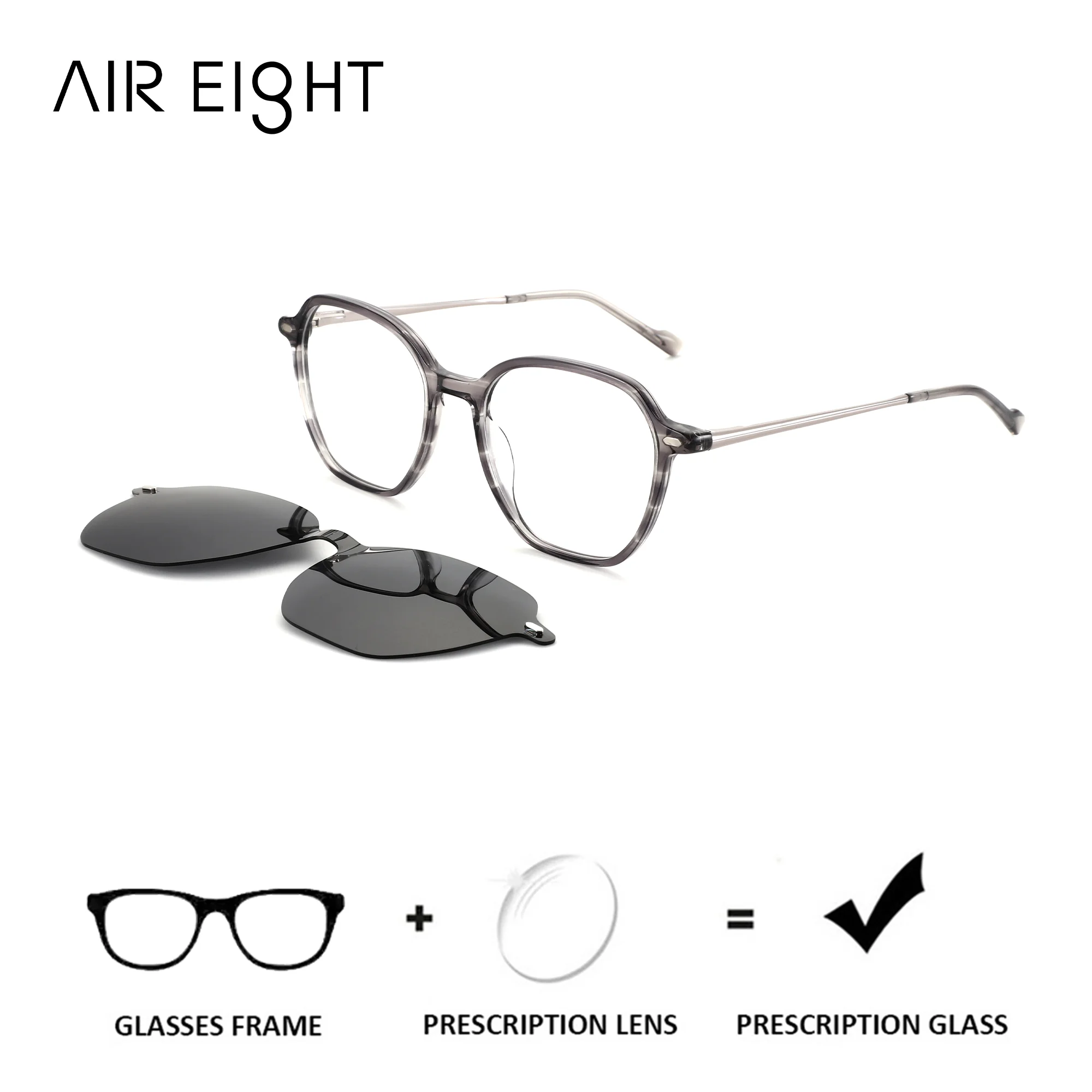 AIREIGHT Acetate Polygon Magnetic Clip OnPolarized Prescription Glasses Blue Light Progressive/Photochromic Eyeglasses for Women