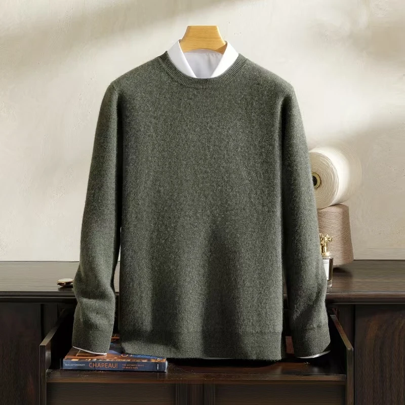 Autumn And Winter New Solid Color Round Neck Wool Knitted Bottoming Shirt Men's Long Sleeve Loose Warm Cashmere Sweater