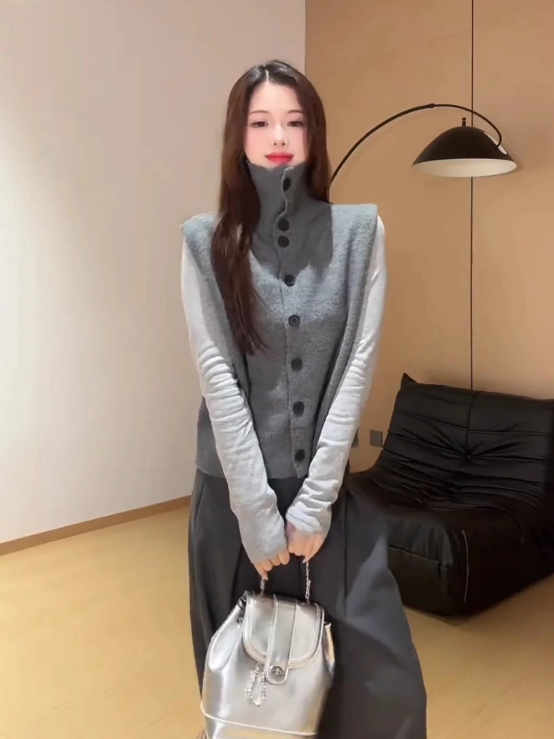 ay High Collar Knitted Sweater Vest Women's Faion Top Autumn Winter Two-Way Wear Svel Vest Commute Sle