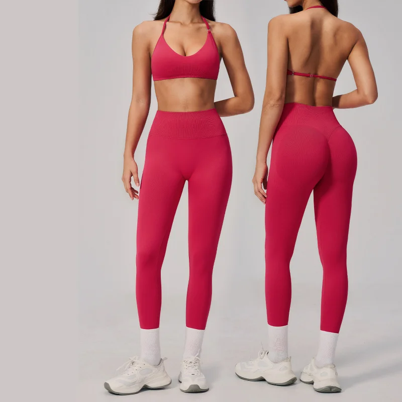 

Summer Seamless Yoga Set For Women Halter Neck Backless Slim Fit Beauty Back Quick Dry Athletic Wear Yoga Clothing Sportswear