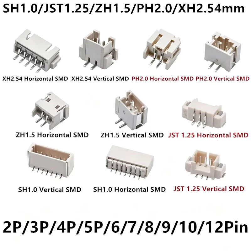 20Pcs SH1.0/JST1.25/ZH1.5/PH2.0/XH2.54mm 2P/3P/4P/5P/6/7/8/9/10/12 Pin Horizontal SMD/Vertical SMD Connector Plug