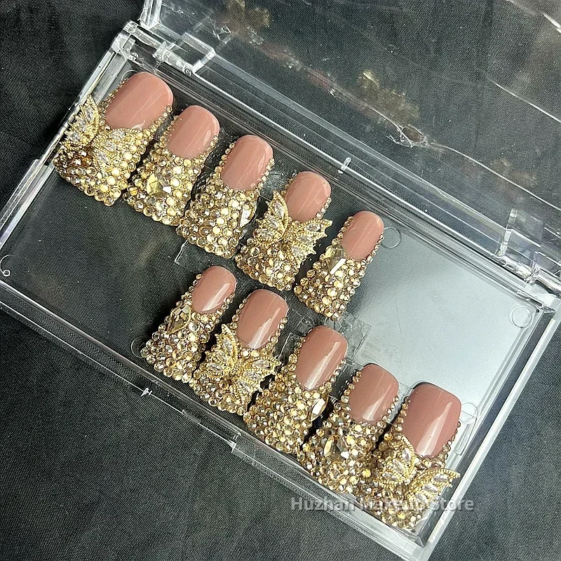 

Customized Handmade Bling Butterfly Rhinestone Press On Nails Duck Shape Y2K Full Cover Fake Nail With Glue Reusable False Nails