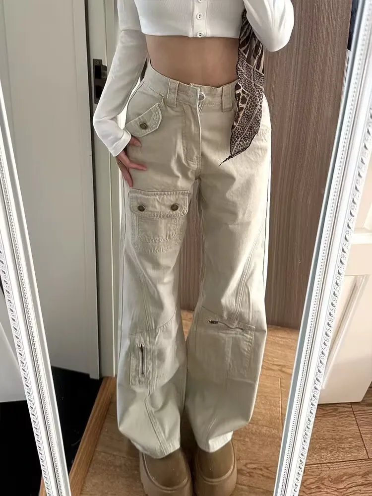 

American Sle High Waist Wide Leg Denim Pants Women's Loose Slimming Drapey Small Size Workwear Long Trousers Multi-ket D...