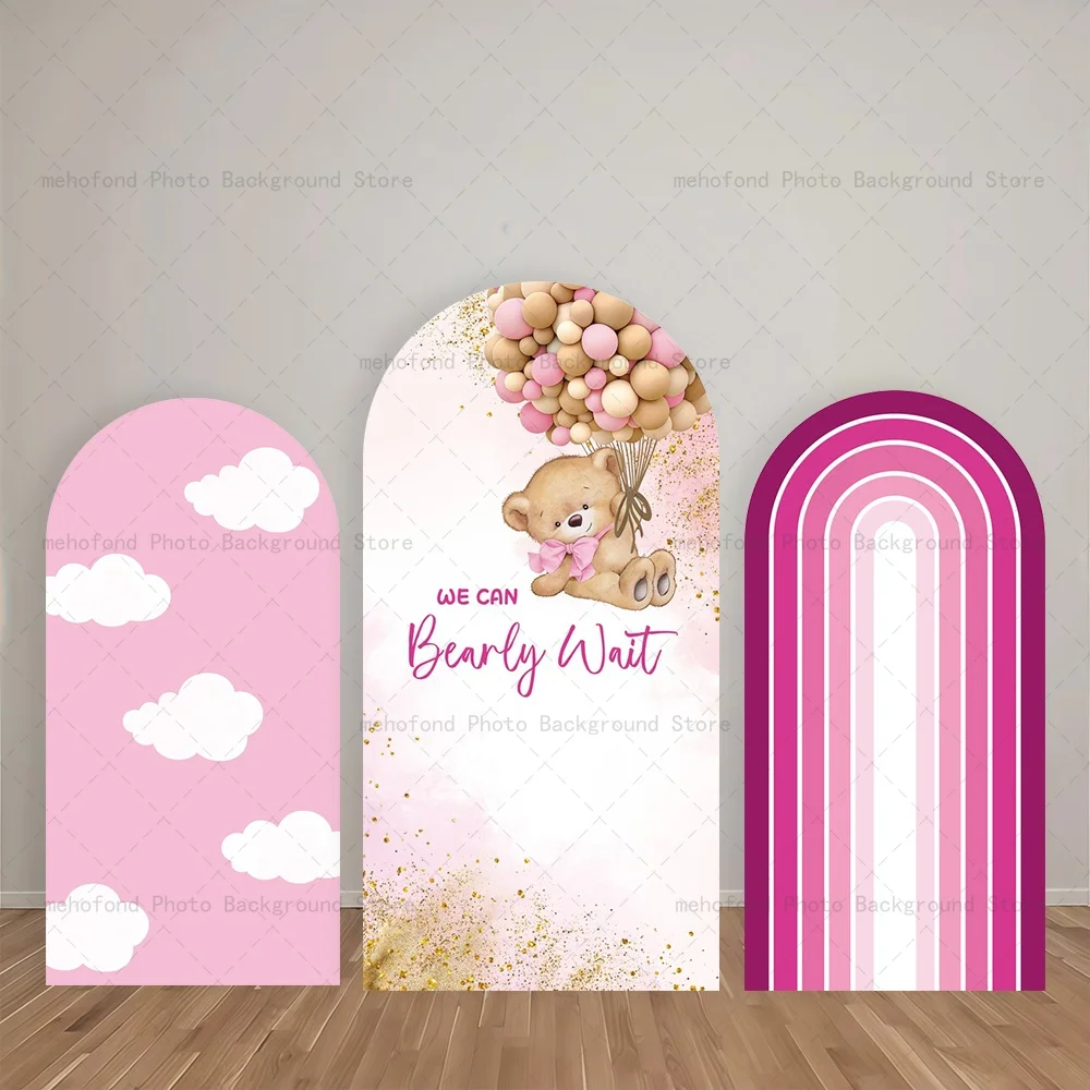 

Mehofond Arch Backdrop Fresh Cute Little Bear Balloon Simple Stripe Kids Baby Birthday Party Decor Studio Photography Background