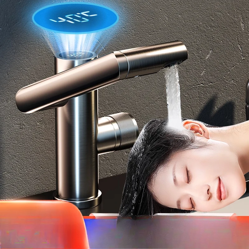 

Household Digital Display Stainless Steel Faucet Hot and Cold Bathroom Bathroom Mouthwash Basin Wash Basin Faucet Gray Simple