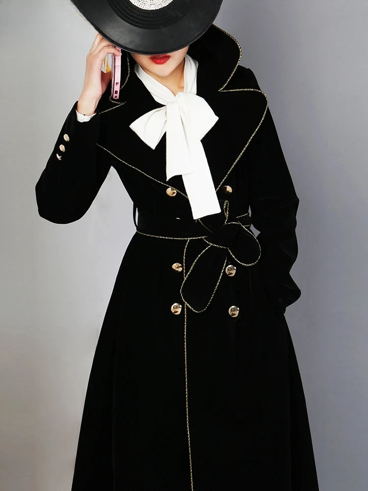 

Long Black Velvet Trench Coat for Women with Gold Trim Sashes Double Breasted Luxury Designer Fashion 2025 Hot Sale