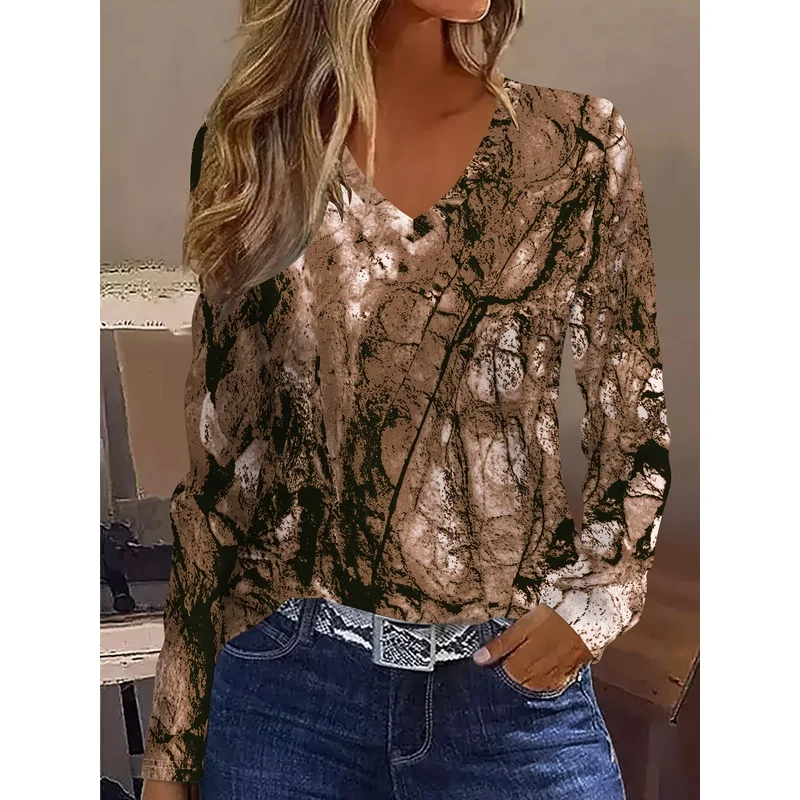 Women Plus Size Marble Print V Neck Long Sleeve Tee Vintage Abstract Painting Marble Veining Casual Elegant Fall Winter Layering