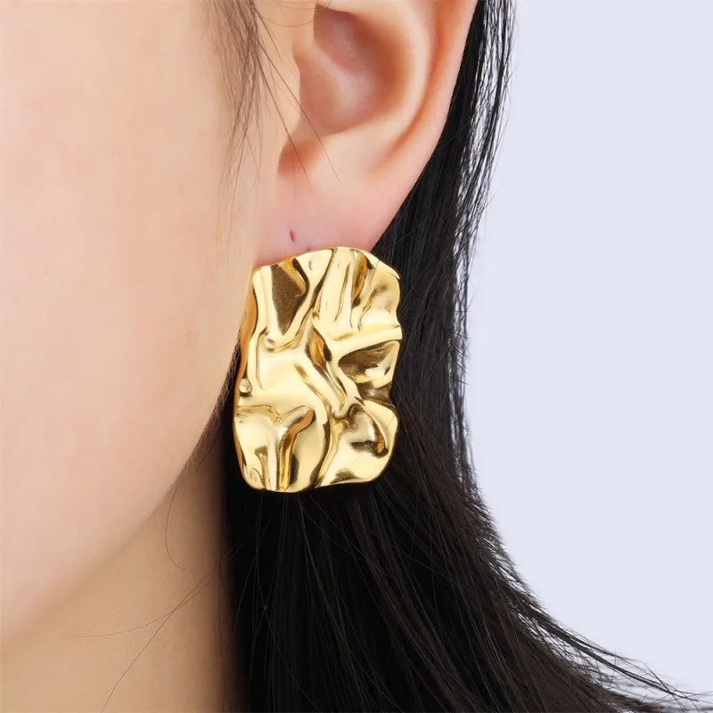 Fashion Gold Plated Crinkle Texture Square Stud Earrings For Women Stainless Steel  Irregular Wrinkled Metal Statement Earrings