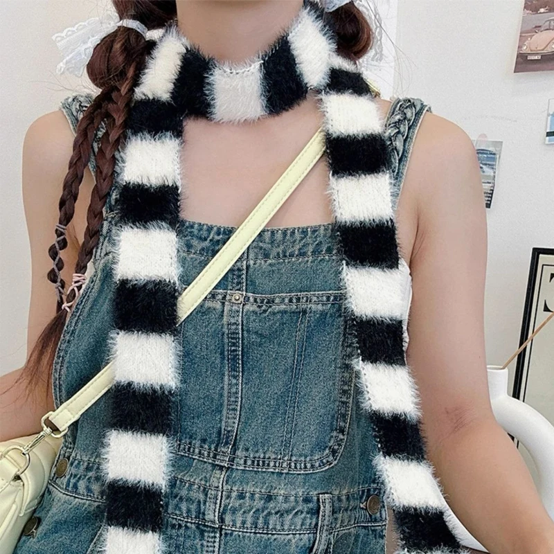 Y2K Fashion Striped Plush Scarf Women\'s Niche Design Sense Spice Girl Versatile Decoration Korean Version Narrow Small Scarf