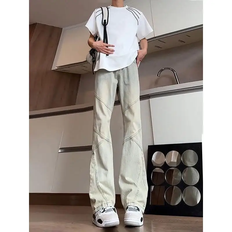 

Cleanfit Men's Design Sense Patchwork Yellow Mud Color Bow Knife Jeans Slim Straight Leggings American Style Cotton Polyester...