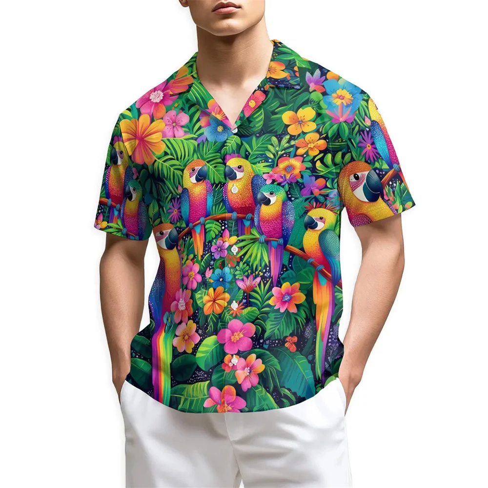 

Cute Funny Retro Flowers And Animal 3D Print Hawaiian Shirt For Men Loose Breathable Lapel Short Sleeve Holiday Leisure Shirt