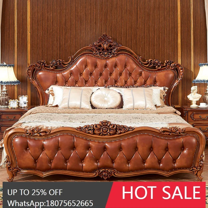 

SGF European Style Bed High-End Master Bedroom Large Wedding Bed Double Carved Leather