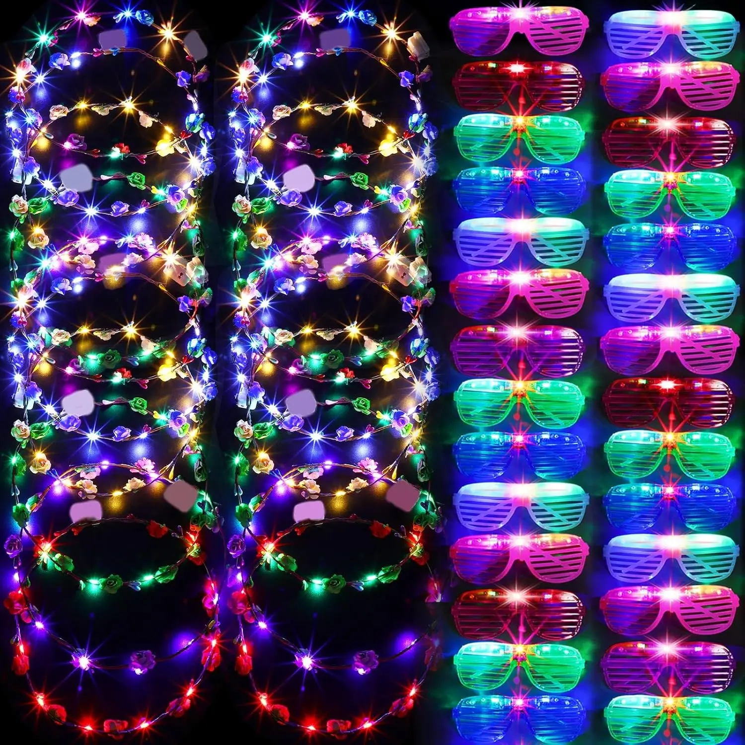 

Набор из 48 светящихся в темноте аксессуаров для вечеринок: LED-очки, светящиеся очки, LED-корона с цветами, повязка на голову
