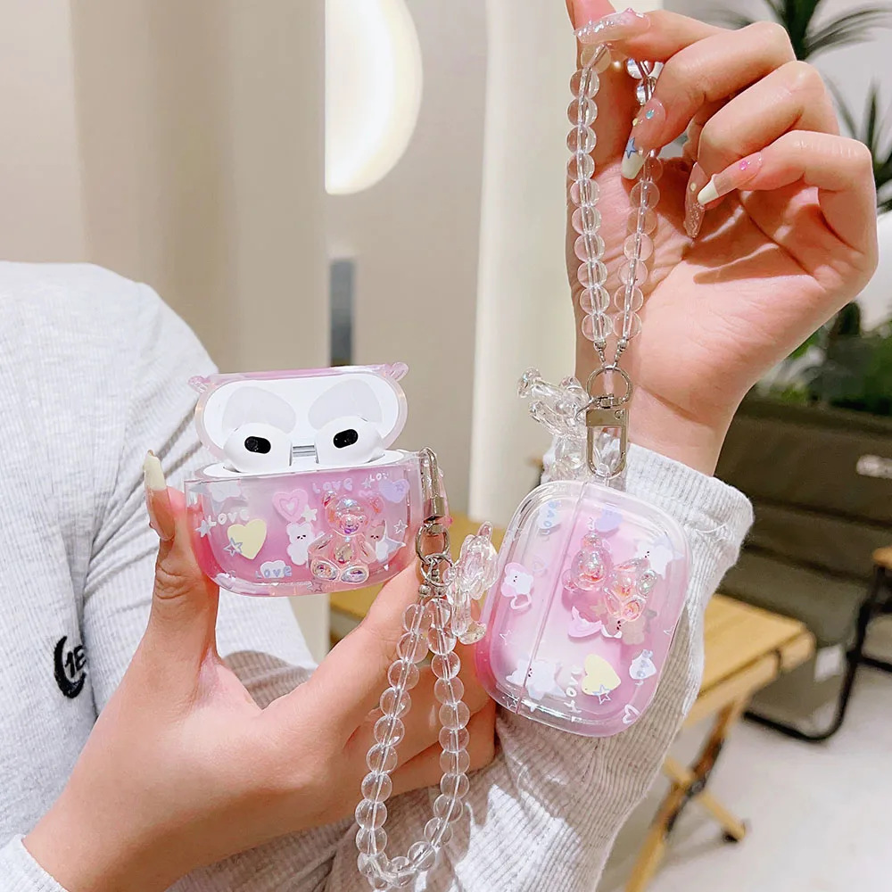 Cute 3D Crystal Bear Pendant Bracelet Case For Apple Airpods 1 2 3 Pro Heart Halo Clear Shell Wireless Earphone Protective Cover