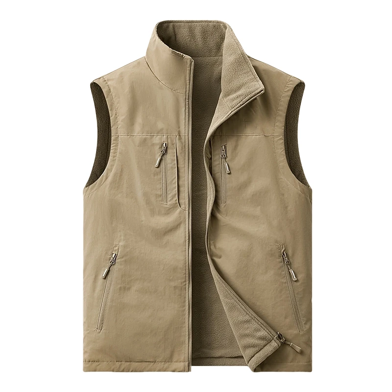 Men's Multi Pocket Vest Men's Thick Double-sided Outdoor Fishing Casual Vest Travel Windproof and Warm Vest with Velvet Vest