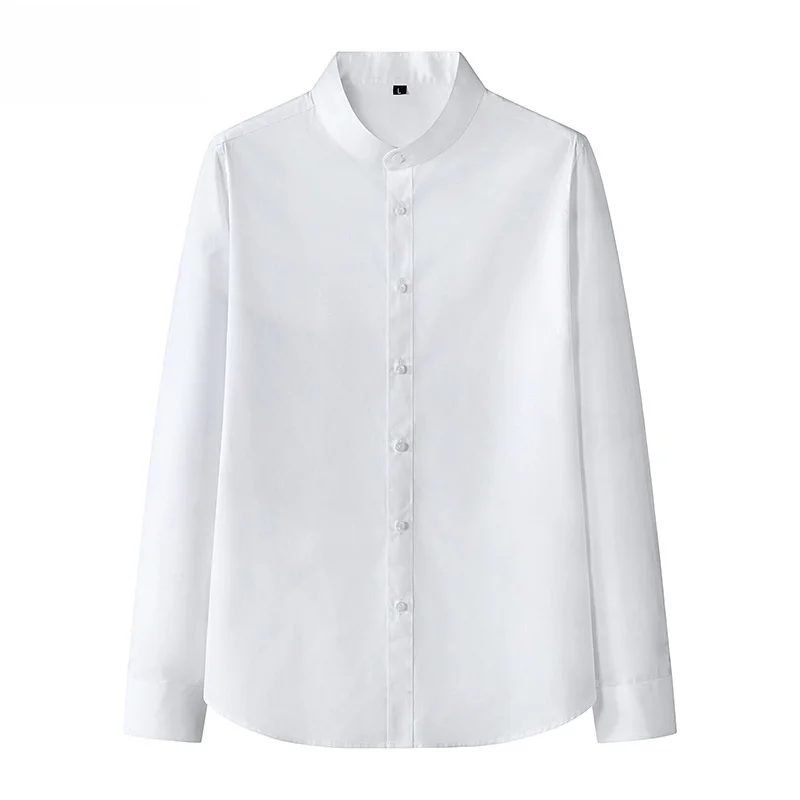 

Летняя тонкая рубашка с длинным рукавом из чистого хлопка, с воротником-стойкой, для свадьбы, приталенная, немнущаяся, больших размеров, мужская, модная, повседневная