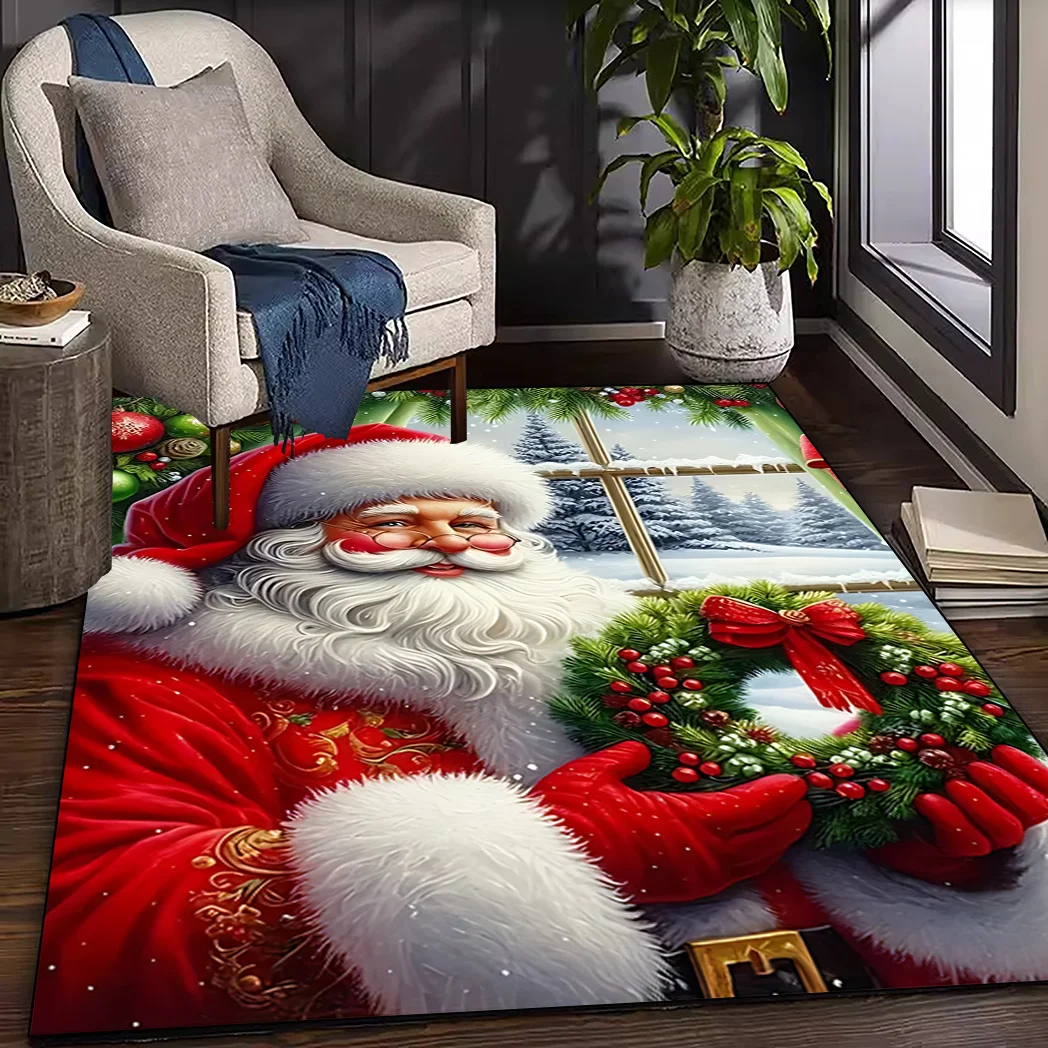 1pc Santa And Christmas Wreath Pattern Area Rug, Washable, Ideal Christmas Home Decor, Perfect for Living Room Dining Room