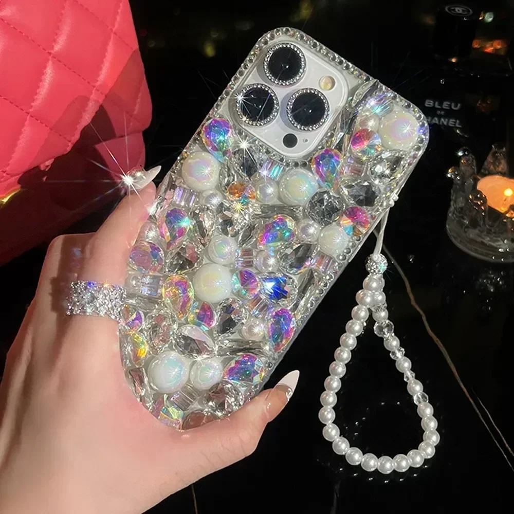 Stunning 3D Diamond Laser Pearl Crystal Strap Phone Case Capa for Xiaomi 13 14 POCO X3 X4 X5 F4 F5 PRO M4 M5 M6 Phone