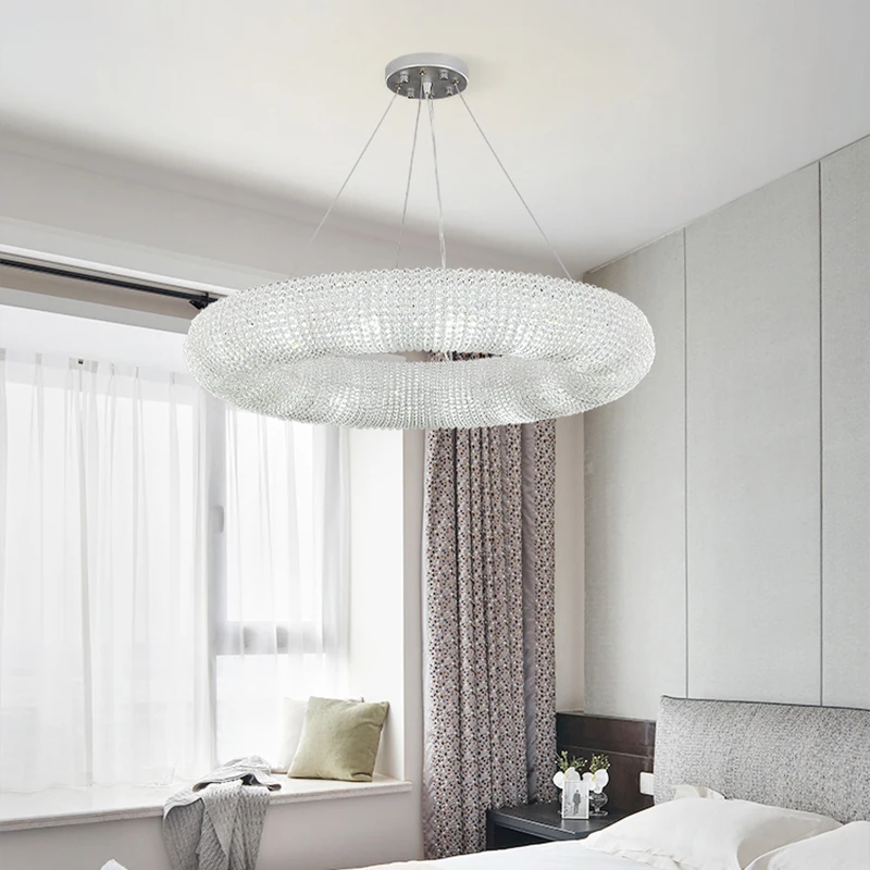 Rodada LED Lâmpada Pendurada para Sala e Quarto, Lustre De Luxo Moderno, Contas De Cristal, Luminárias Cromadas, Sala De Jantar, Decoração De Casa