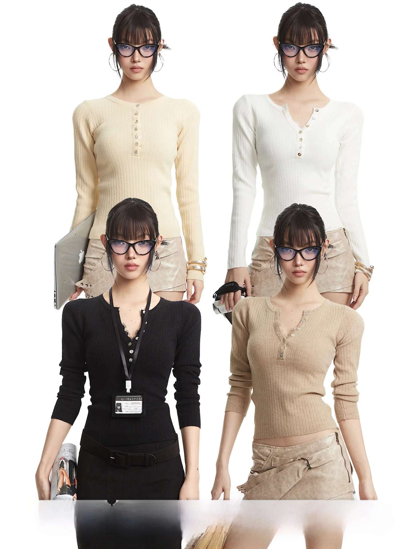 

Retro Khaki Long Sve Knitted Slim Fit T-irt Women's Lazy Sle f Open Collar Top for Autumn Season Girls
