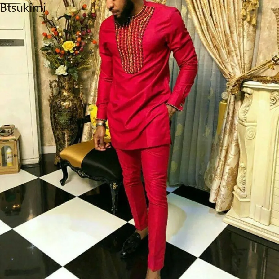 2026 Men's Muslim Sets for Party Wedding Traditional Africa Clothing 2 Pieces Sets for Men Solid Long Sleeve Suit and Pants Sets