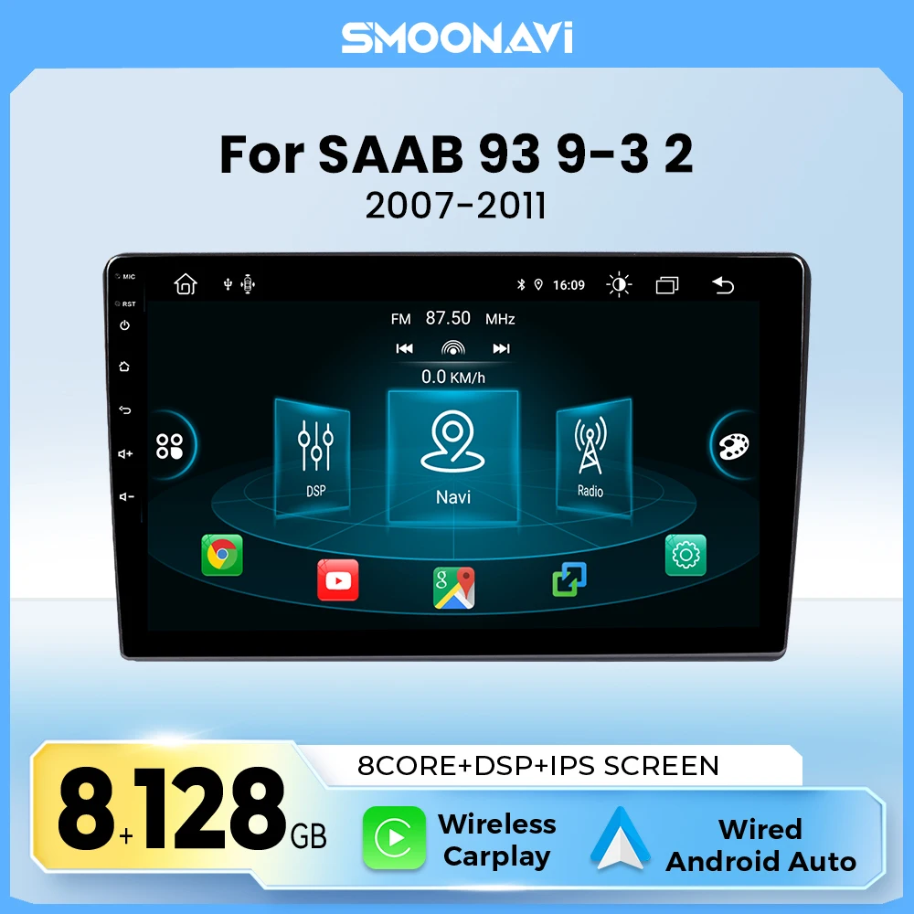 Autoradio da 9 Pollici per Saab 93 2007-2011, Android 14, Carplay Wireless, Android Auto, GPS, IPS, DSP, 4G Wifi, 8 Core, Multimedia, RDS